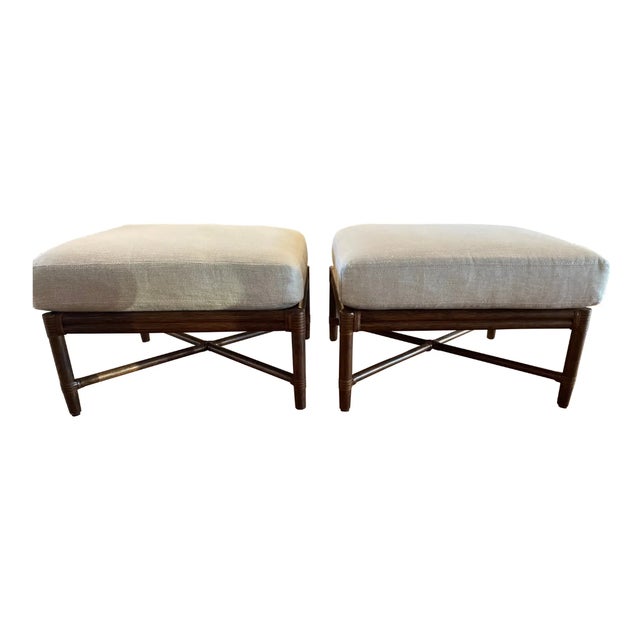 Organic modern Baker/McGuire Universal Ottoman in matte brown finish with linen blend upholstery cushion. We currently...