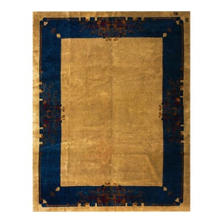 1920s Beige Cream Open Field Antique Chinese Art Deco Rug 9' X 11' 8" Handknotted Wool Carpet For Sale
