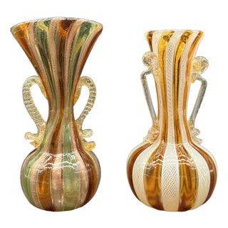 Antique Salviati Filigree Murano Glass Vases, Set of 2 For Sale