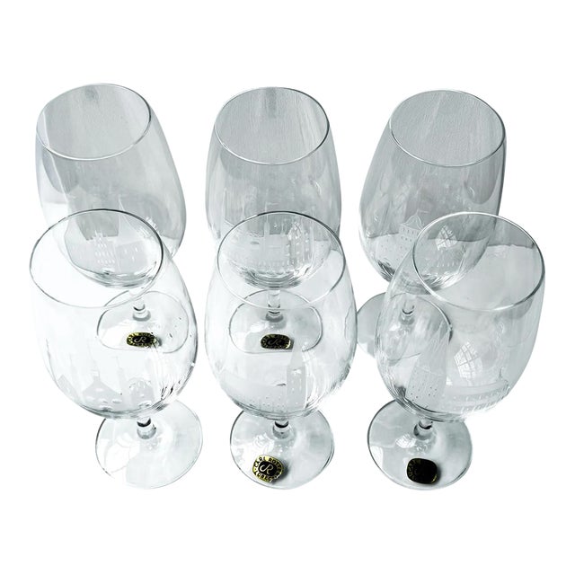 Vintage Carl Rotter Lubeck Crystal Wine Glasses: Etched European Architecture - Set of 6 For Sale