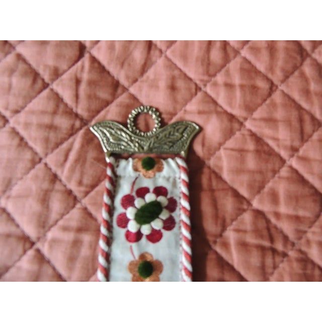 Traditional Vintage Miniature Embroidered Bell Pull With Brass Ornaments For Sale - Image 3 of 7