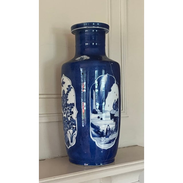 Antique Early 18th Century Chinese Powder Blue Kangxi Period Porcelain Rouleau Vase Circa 1700 For Sale - Image 12 of 18
