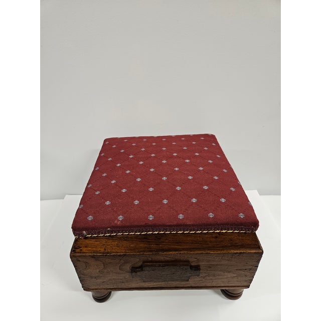 Wood Square Victorian Burgundy Upholstered Footstool For Sale - Image 7 of 15