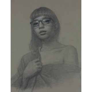 Layna with Glasses by Mark Bradley Schwartz | Graphite and charcoal drawing of a woman with glasses For Sale