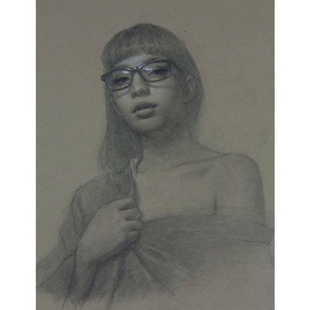 Layna with Glasses by Mark Bradley Schwartz | Graphite and charcoal drawing of a woman with glasses For Sale