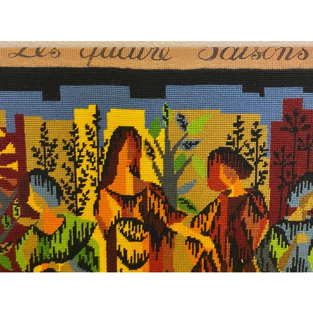 Blue French Cubist Needlepoint Pine Frame Saisons 1970s Handmade "Les Quatre Saisons" For Sale - Image 8 of 17