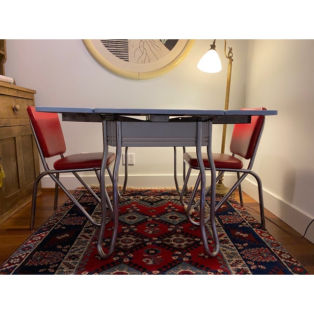 1940s 1940s Powder Blue Enamel Dining Table With Hairpin Legs + 2 Red Leather Chairs For Sale - Image 5 of 6