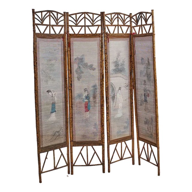 Bamboo Windscreen with Japanese Figures For Sale