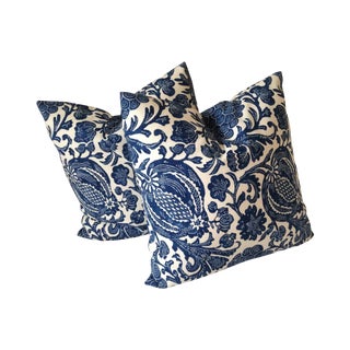 Hand-Printed Blue & White Pillows - A Pair For Sale
