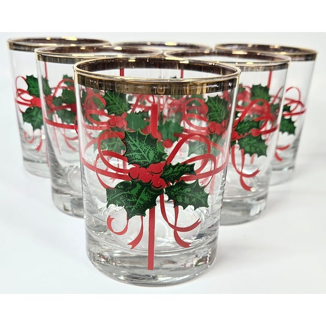 Mid 20th Century Holly and Ribbons Double Old Fashioned Glasses- Set of Six For Sale - Image 13 of 17