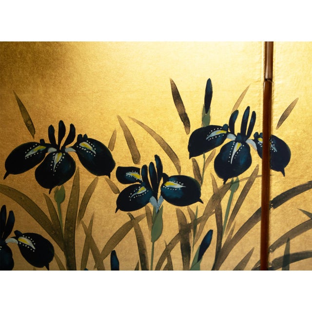 "Rinpa Iris Yatsuhashi" by Taizan, Heisei Era Japanese Painted Byobu Screen For Sale - Image 13 of 18