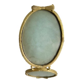Antique French Neoclassical Style Gilt Brass Swivel Vanity Frame Ribbon Bow Crest Tabletop Display Frame For Sale