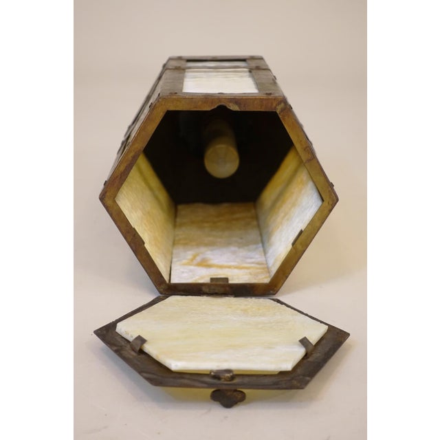 1910s Arts & Crafts Copper Iron Stained Glass Mission Hexagon Chimney Lantern Hanging Lamp 1910's For Sale - Image 13 of 14