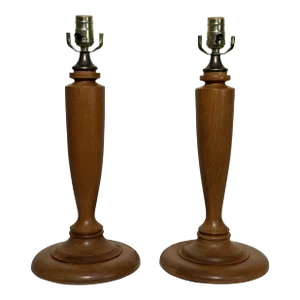 Vintage Traditional Solid Wood-Turned & Brass Table Lamps, a Pair