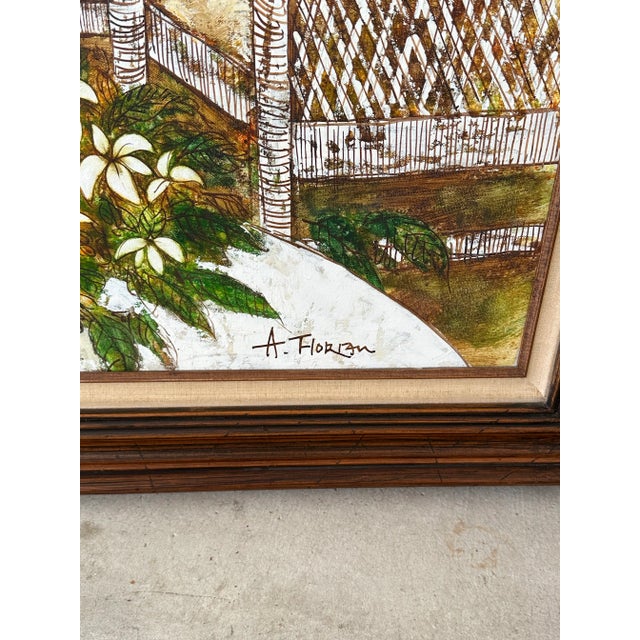 1970s Vintage Coastal Boho Veranda Still Life Wood Framed Oil Painting on Canvas Signed For Sale - Image 5 of 12