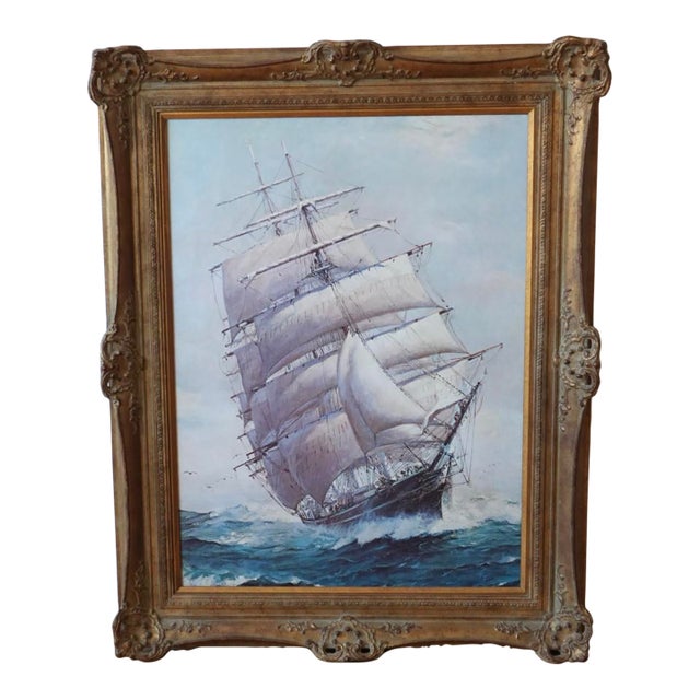 Late 20th Century Vintage Sailing Ship Painting Print, Framed For Sale