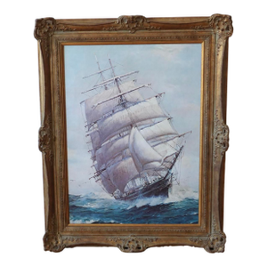 Late 20th Century Vintage Sailing Ship Painting Print, Framed