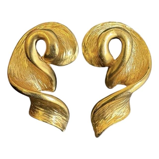 Vintage 80s Gold Tone Statement Earrings Clip on Abstract Twist Surrealism a Pair For Sale