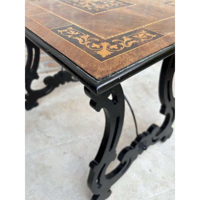 Spanish Baroque Side Table with Lyre Legs and Marquetry Top, 1850 For Sale - Image 13 of 15