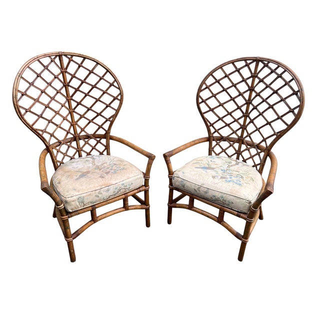 Stunning pair of vintage Mid-Century Ficks Reed bamboo and rattan peacock chairs. Woven stick wicker high balloon backs....
