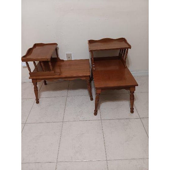 Vintage Step End Table 2 Tier Mid Century Modern Retro Brown Set of 2 For Sale - Image 4 of 8