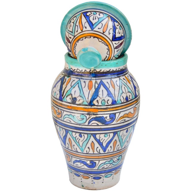 Early 20th Century Handmade Colorful Moroccan Ceramic-Art Lidded Vase For Sale In New York - Image 6 of 12