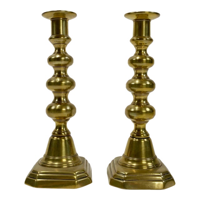 Antique Brass Push-Up Candlestick Holders, a Pair For Sale