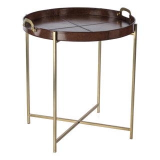 Aspen Leather with Brass Handles Round Tray on Stand For Sale