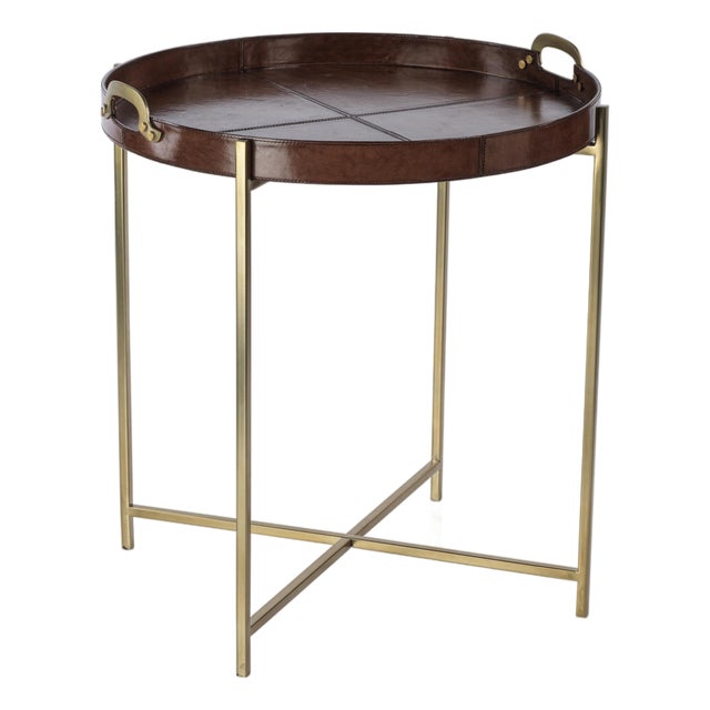 Aspen Leather with Brass Handles Round Tray on Stand For Sale
