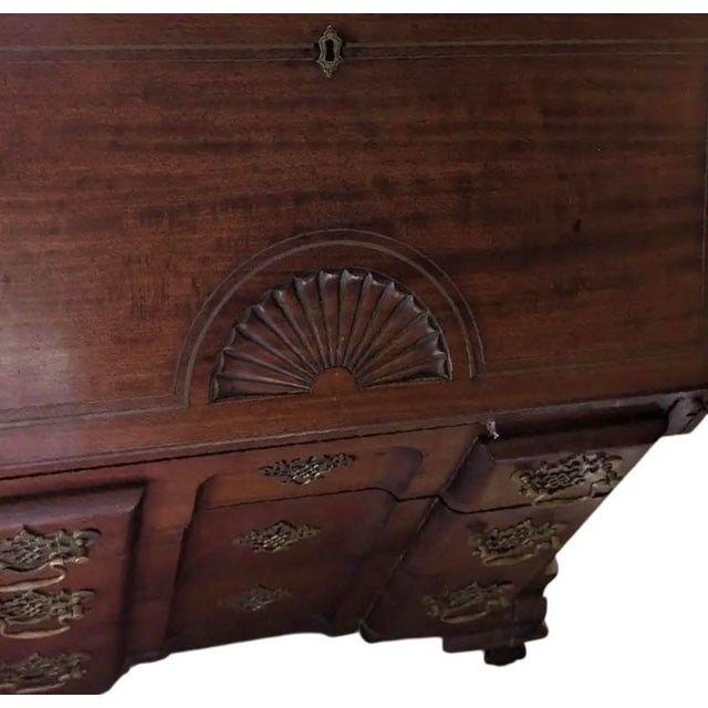 Antique Mahogany Secretary Desk With Fan Carving and Brass Hardware For Sale - Image 4 of 11