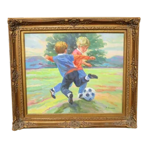 Vintage Oil on Canvas of Two Youngsters Playing Soccer / Football - Artist Signed S. Scherone