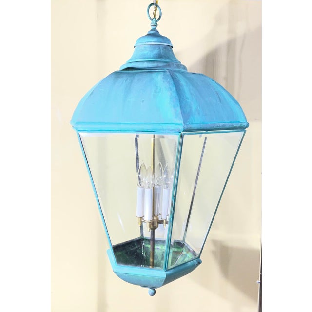 American Large Vintage Solid Brass Hanging Lantern Chandelier / 34” H X 21” W For Sale - Image 3 of 18