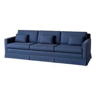 1960s Vintage Mid-Century Navy Jacquard Skirted Tuxedo Sofa For Sale