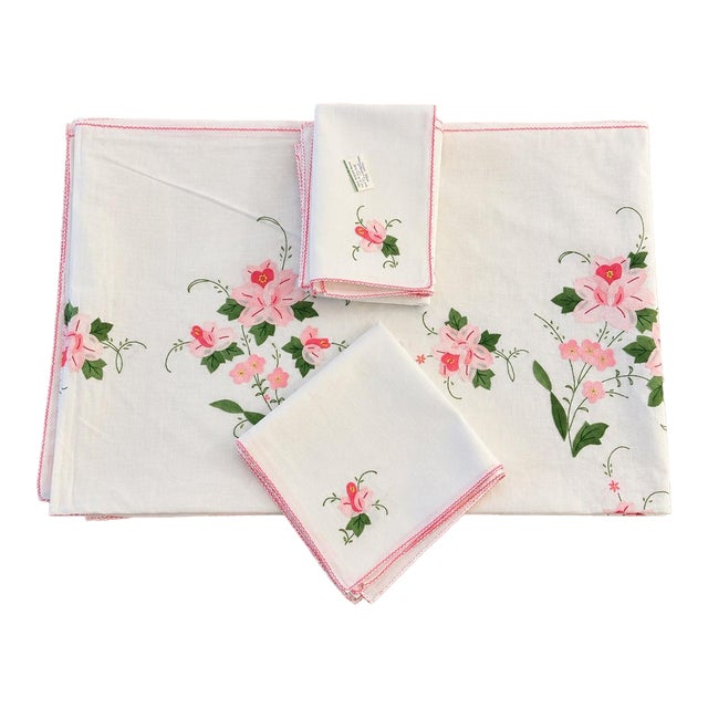 Mid 20th Century Hand-Appliquéd & Embroidered French Floral Tablecloth Napkin Set, Service for 12 For Sale