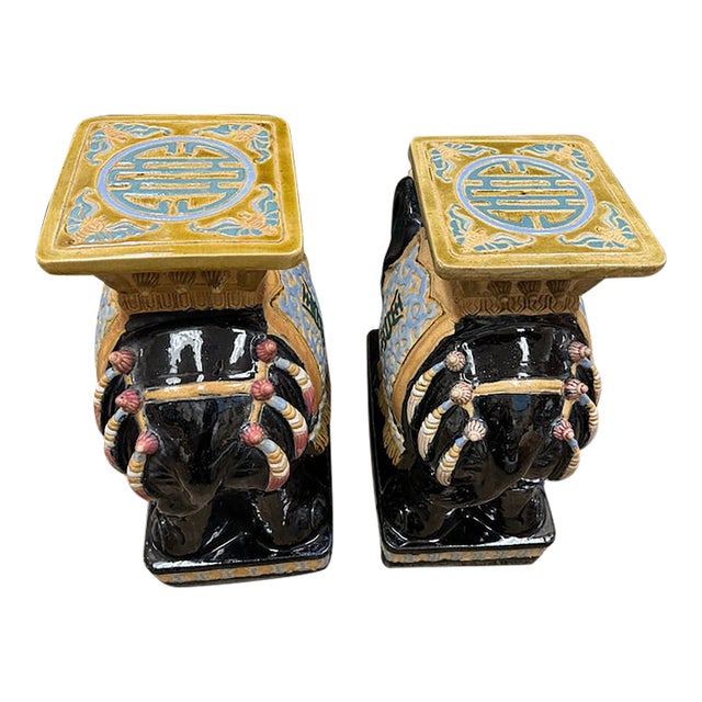 Vintage Colorful Black Porcelain Elephant Garden Stools, a Pair For Sale