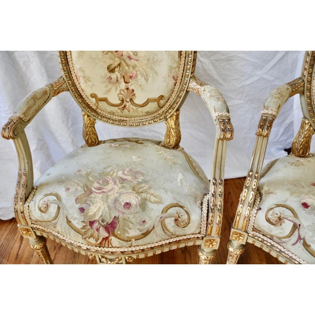 French French Louis XVI Carved Giltwood Gold Leaf Armchairs With Aubusson Tapestry Upholstery Circa 1760's - A Pair For Sale - Image 3 of 7