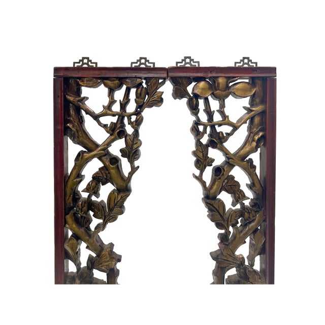 Pair Chinese Vintage Golden Flower Carving Corner Shape Wood Wall Art For Sale - Image 4 of 4