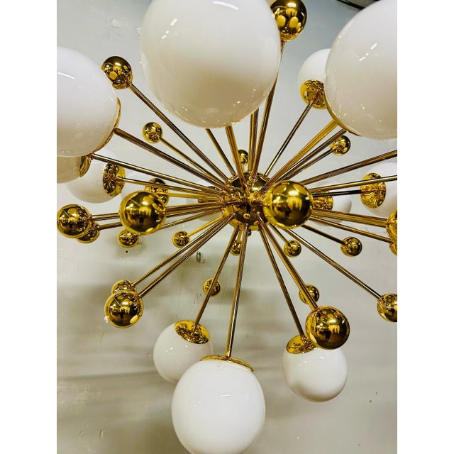 Vintage Italian Sputnik Chandelier in Brass and Opaline Glass, 1970s For Sale - Image 3 of 9