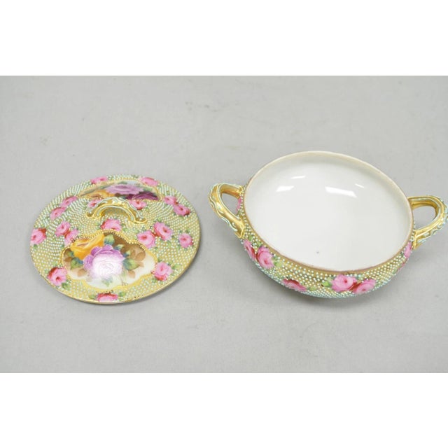 Antique Nippon Hand Painted Gold Gilt Porcelain Green Moriage Covered Sugar Bowl For Sale - Image 11 of 16
