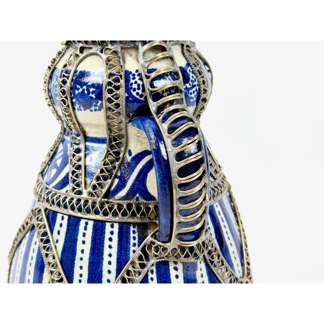 Mid-Century Moroccan Hand Painted Cobalt Ceramic Decanter with Wire Filigree Detailing, 1950s For Sale - Image 11 of 14