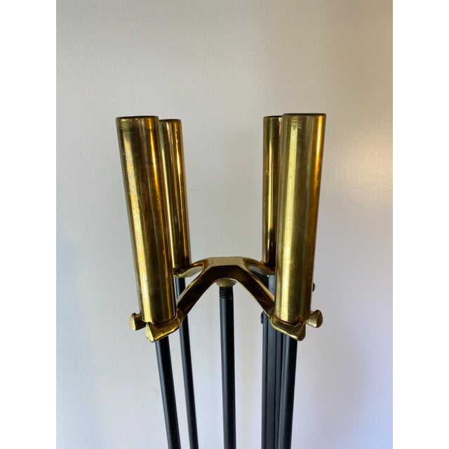 Modern Brass and Black Metal Fireplace Tool Set 4-Piece With Stand For Sale - Image 4 of 9