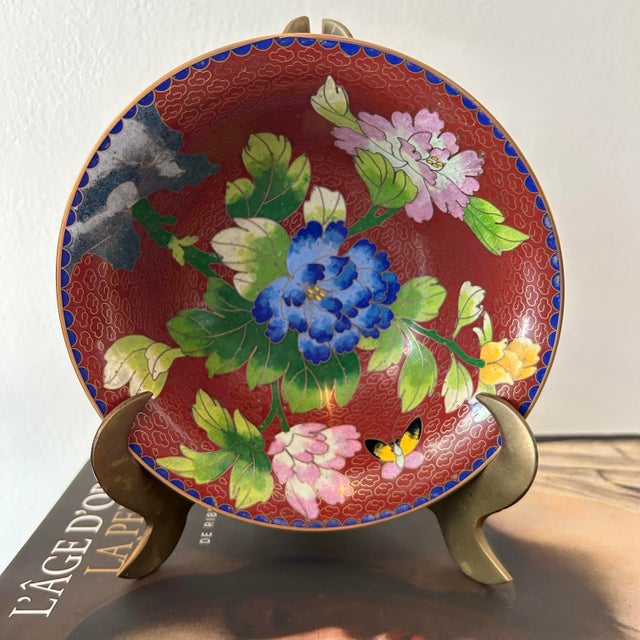 Mid 20th Century Chinese Cloisonné Chalice Urn & Dish on Brass Stand - Set of 2 For Sale - Image 4 of 12