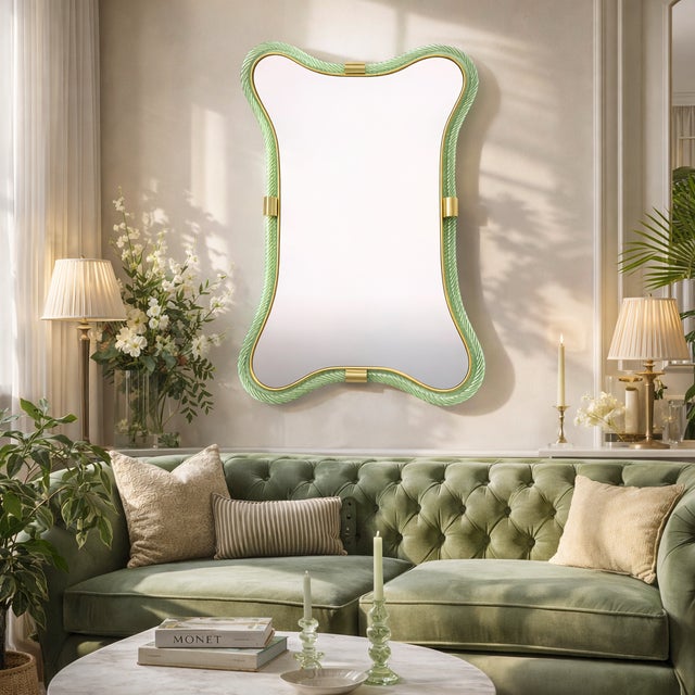 2020s Luxury Italian Green-Wather and Gold-Leaf “Torchon” Mirror Murano Glass by Simoeng For Sale - Image 5 of 7