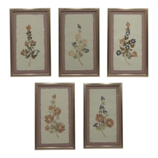 Set of 5 Vintage Pressed Wildflower Art on Hand Deckled Edge Paper For Sale
