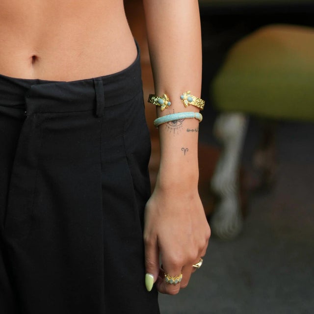 Turquoise Mystic Design Gold & Turquoise Honey Bee Cuff Bracelet For Sale - Image 8 of 10