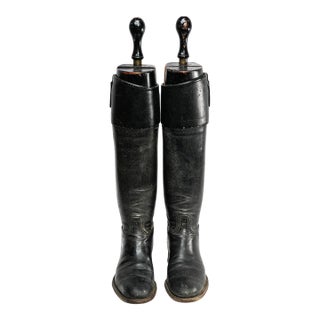 Country Chic Black Leather Antique Riding Boots Horse Equestrian Home Decor Prop For Sale