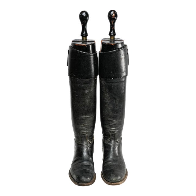 Country Chic Black Leather Antique Riding Boots Horse Equestrian Home Decor Prop For Sale
