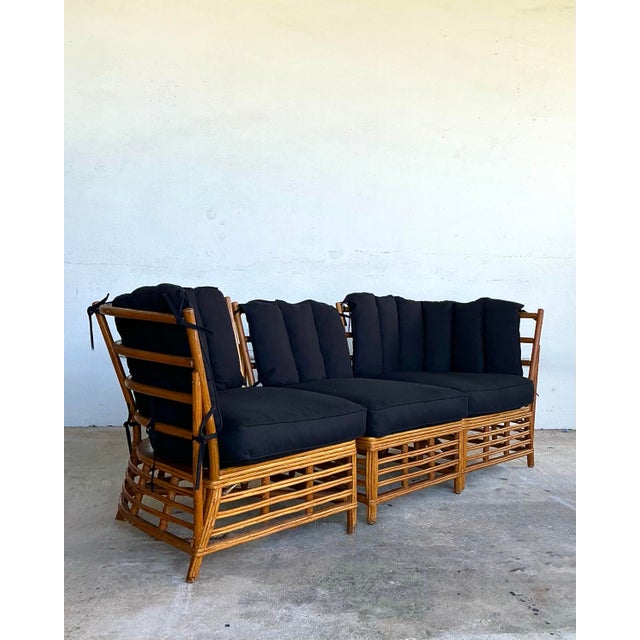 Black Vintage Coastal Stick Rattan 3 Seat Sofa For Sale - Image 8 of 12