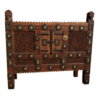 Antique Indian Hand-Carved Wooden Cabinet with Mirror Inlay and Hidden Compartment For Sale
