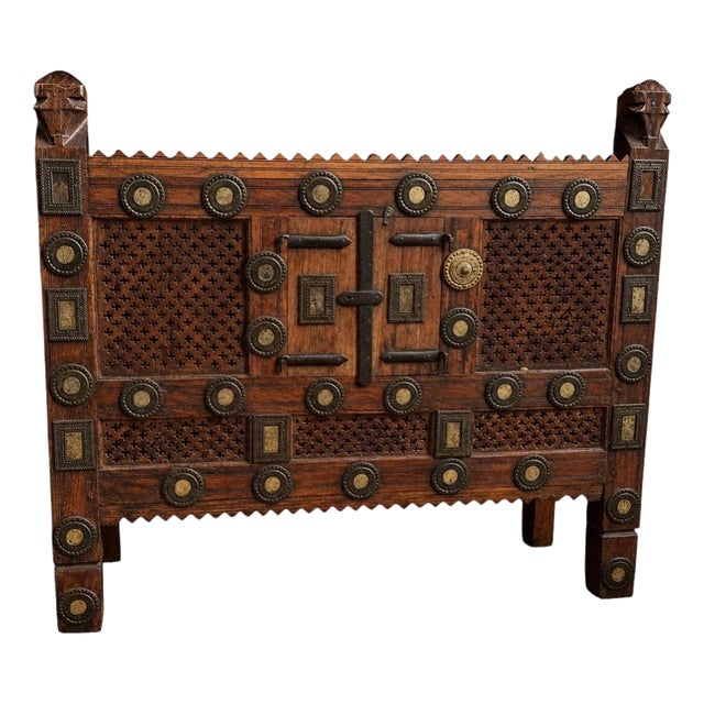Antique Indian Hand-Carved Wooden Cabinet with Mirror Inlay and Hidden Compartment For Sale